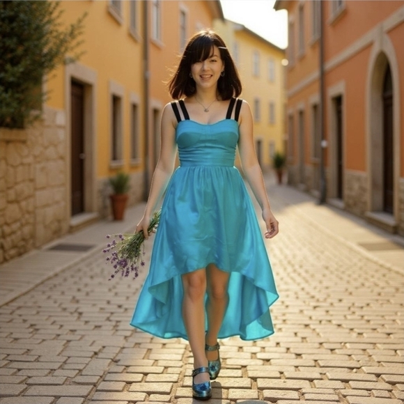 GUESS Party Dress – High-Low Silky Blue & Black, Strappy Open Back – Size S/2 - Picture 4 of 16